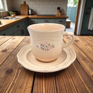 Pfaltzgraff Heirloom Stoneware Cup & Saucer Beige Gray Pink White Flowers USA